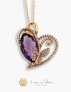 18K Pink Gold Pendant, Diamonds & Amethyst